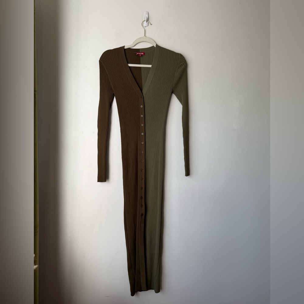 STAUD Shoko Olive & Green Ribbed Long Sleeve Knit Sweater Midi Dress S - Picture 5 of 8